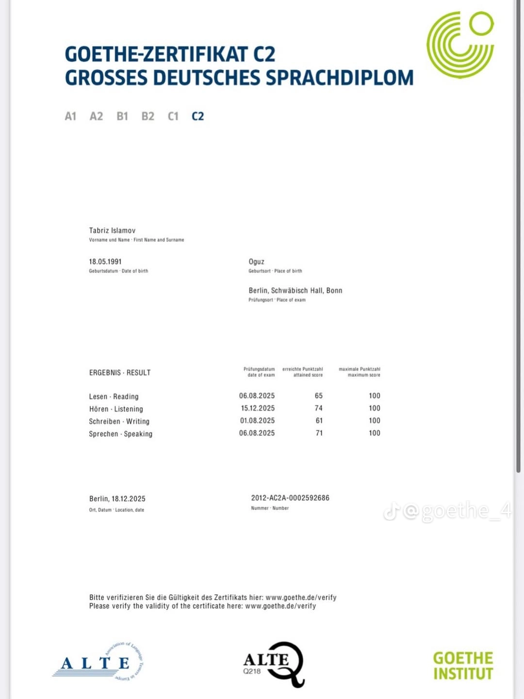 Kaufen Sie das Goethe-C2-Zertifikat sicher online in Aserbaidschan.